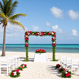 Caribbean Holidays, Cuba October Weddings, Elegant beach wedding ceremony in Cuba with white chairs, tropical flowers and the Caribbean Sea in the background