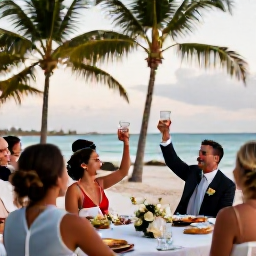 Caribbean Holidays, Cuba October Weddings, Happy wedding guests raising glasses at a relaxed Cuban beach reception under palm trees