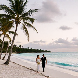 Caribbean Holidays, Cuba October Weddings, Newlyweds walking beside a quiet Cuban beach at sunset, with turquoise water and palm trees