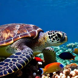 Caribbean Holidays, Cuba Scuba Diving, Close-up underwater view of a sea turtle and colourful reef fish near a Cuban coral reef
