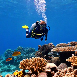 Caribbean Holidays, Cuba Scuba Diving, Divers swimming above healthy coral gardens with tropical fish in the Caribbean Sea near Cuba