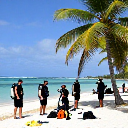 Caribbean Holidays, Cuba Scuba Diving, Friendly scuba diving group preparing equipment beside a sunny Cuban beach with palm trees