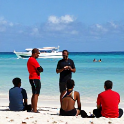 Caribbean Holidays, Cuba Scuba Diving, Friendly scuba diving instructor briefing holidaymakers beside a beach and dive boat in Cuba