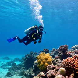 Caribbean Holidays, Cuba Scuba Diving, Scuba diver exploring a colourful coral reef in clear turquoise Caribbean water off Cuba