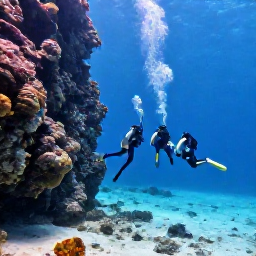 Caribbean Holidays, Cuba Scuba Diving, Scuba divers descending beside a dramatic underwater wall in bright clear water at Jardines de la Reina, Cuba