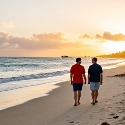 Caribbean Holidays, Cuba September Honeymoons, Newlyweds walking hand in hand along a quiet Cuban beach at sunset, warm Caribbean light and calm sea