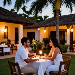 Caribbean Holidays, Cuba September Honeymoons, Romantic couple dining outdoors at a Cuban resort, lanterns, tropical garden and warm evening atmosphere