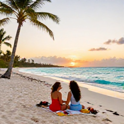 Caribbean Holidays, Cuba September Honeymoons, Romantic couple relaxing on a white sandy beach in Varadero, turquoise water, palm trees and a small sunset picnic