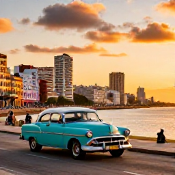 Caribbean Holidays, Cuba Solo December, Havana waterfront at sunset with classic American cars, colourful buildings and solo visitors enjoying the Malec&oacute;n