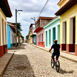 Caribbean Holidays, Cuba Solo December, Trinidad Cuba cobbled street with colourful colonial houses, bicycles and a solo traveller exploring in December