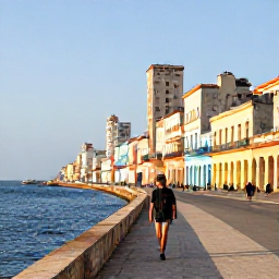 Caribbean Holidays, Cuba Solo February, A solo traveller walking along the colourful Malec&oacute;n seafront in Havana on a bright February morning
