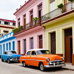 Caribbean Holidays, Cuba Solo February, Colourful classic American cars parked beside colourful colonial buildings in Old Havana, Cuba