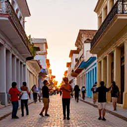 Caribbean Holidays, Cuba Solo February, Friendly locals and solo visitors sharing music and dancing in a lively Cuban street at sunset