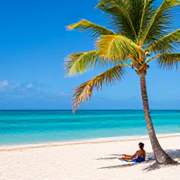 Caribbean Holidays, Cuba Solo Holidays, A bright Cuban beach with turquoise water, white sand and a lone traveller relaxing beneath a palm tree