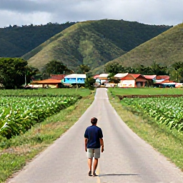 Caribbean Holidays, Cuba Solo Holidays, A Cuban countryside road leading towards green hills, tobacco fields and a small colourful village, viewed by a solo traveller