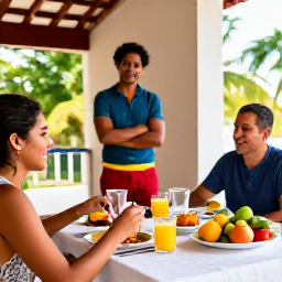 Caribbean Holidays, Cuba Solo Holidays, A friendly Cuban casa particular breakfast table with fresh tropical fruit, coffee and a solo guest chatting with the local host