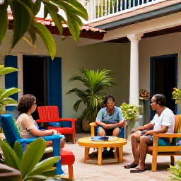 Caribbean Holidays, Cuba Solo Holidays, A friendly Cuban family-run guesthouse courtyard with plants, colourful furniture and a solo traveller chatting with hosts