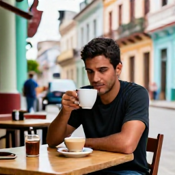 Caribbean Holidays, Cuba Solo Holidays, A friendly solo traveller enjoying Cuban coffee at a small outdoor caf&eacute; in Havana, surrounded by colourful buildings and local life