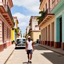 Caribbean Holidays, Cuba Solo Holidays, A friendly solo traveller walking through the colourful streets of Old Havana in warm August sunshine, classic cars and colonial buildings nearby