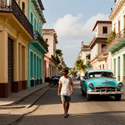 Caribbean Holidays, Cuba Solo Holidays, A solo traveller strolling through colourful Havana streets in warm September sunshine, classic cars and colonial buildings in the background