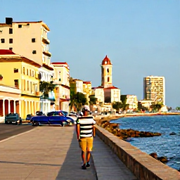 Caribbean Holidays, Cuba Solo Holidays, A solo traveller walking along Havana's colourful Malec&oacute;n seafront in warm November sunshine, with classic cars and pastel buildings nearby