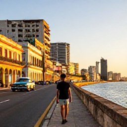 Caribbean Holidays, Cuba Solo Holidays, A solo traveller walking along the colourful Malec&oacute;n waterfront in Havana at sunset, with classic cars and colonial buildings nearby