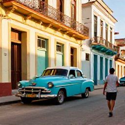 Caribbean Holidays, Cuba Solo Holidays, A solo traveller walking through colourful colonial streets in Havana, Cuba, with classic cars and warm early-summer light