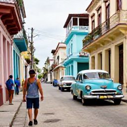 Caribbean Holidays, Cuba Solo Holidays, A solo traveller walking through colourful colonial streets in Old Havana, Cuba, with classic vintage cars and lively city life