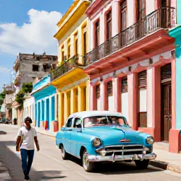 Caribbean Holidays, Cuba Solo Holidays, A solo traveller walking through colourful Old Havana streets with classic American cars, colonial buildings and warm April sunlight
