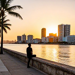 Caribbean Holidays, Cuba Solo Holidays, A solo traveller watching the sunset from Havana&rsquo;s Malec&oacute;n seawall, with palm trees, colourful city buildings and golden evening light