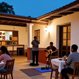 Caribbean Holidays, Cuba Solo Holidays, A welcoming Cuban restaurant courtyard with a solo traveller enjoying traditional food and live music on a warm September evening