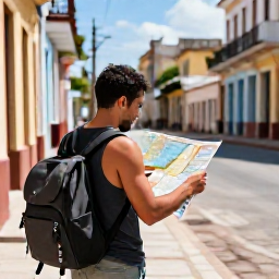 Caribbean Holidays, Cuba Solo Holidays, A well-prepared solo traveller with a small backpack checking a map in a sunny Cuban town