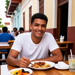 Caribbean Holidays, Cuba Solo Holidays, Friendly solo traveller enjoying Cuban food and live music at a relaxed outdoor restaurant in Havana