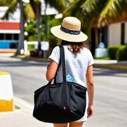 Caribbean Holidays, Cuba Solo Holidays, Practical Cuba travel scene with a solo visitor carrying a day bag, bottled water, sun hat and light clothing in a bright tropical setting