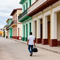 Caribbean Holidays, Cuba Solo Holidays, Practical travel scene with a solo visitor carrying a small day bag in a colourful Cuban town