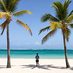 Caribbean Holidays, Cuba Solo Holidays, Relaxed solo traveller on a white sandy beach with turquoise sea and palm trees in Varadero, Cuba