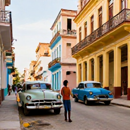Caribbean Holidays, Cuba Solo Holidays, Solo traveller exploring a colourful Havana street with classic American cars and colonial buildings in warm afternoon light