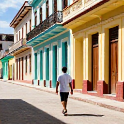 Caribbean Holidays, Cuba Solo Holidays, Solo traveller walking through colourful colonial streets in Havana, Cuba, in warm May sunshine