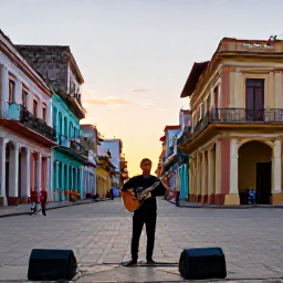 Caribbean Holidays, Cuba Solo Holidays, Solo visitor enjoying live Cuban music in a traditional Havana square at sunset, surrounded by colourful buildings and locals