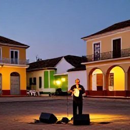 Caribbean Holidays, Cuba Solo Holidays, Warm August evening in Trinidad, Cuba, with a solo visitor enjoying live music in a historic town square surrounded by colourful colonial buildings