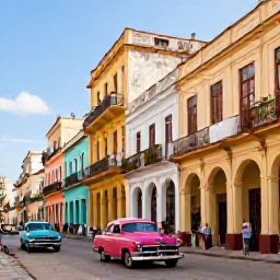 Caribbean Holidays, Cuba Spa Breaks, A colourful Cuban street in Havana with classic cars, historic buildings and visitors exploring in warm July sunshine