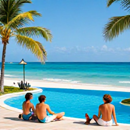 Caribbean Holidays, Cuba Spa Breaks, A couple relaxing beside a palm-fringed pool at a Cuban beach resort, with bright blue sea in the background