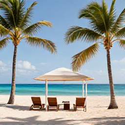 Caribbean Holidays, Cuba Spa Breaks, A tranquil Cuban beachside spa with palm trees, white sand and calm turquoise sea in warm August sunshine