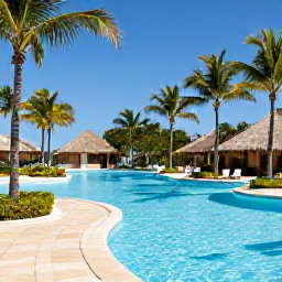 Caribbean Holidays, Cuba Spa Breaks, A tranquil Cuban spa resort in July, with palm trees, a turquoise pool and bright summer sunshine