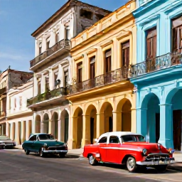 Caribbean Holidays, Cuba Spa Breaks, Colourful classic American cars on a Havana street with historic buildings and warm December sunlight