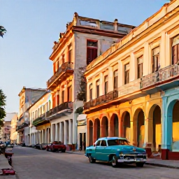 Caribbean Holidays, Cuba Spa Breaks, Colourful colonial street in Havana, Cuba, with classic cars and warm afternoon light