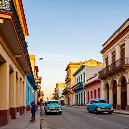 Caribbean Holidays, Cuba Spa Breaks, Colourful Cuban street in Havana at golden hour, classic cars, colonial buildings and relaxed visitors