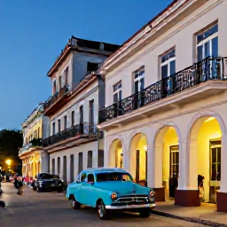 Caribbean Holidays, Cuba Spa Breaks, Colourful Havana street near a classic Cuban spa hotel, with vintage cars, colonial buildings and people enjoying an evening walk