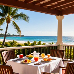 Caribbean Holidays, Cuba Spa Breaks, Comfortable beachfront resort terrace in Cuba with healthy breakfast, tropical plants and morning sunlight