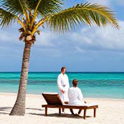 Caribbean Holidays, Cuba Spa Breaks, Couple enjoying a peaceful beachfront wellness retreat in Cuba, with spa robes, palm trees and turquoise water